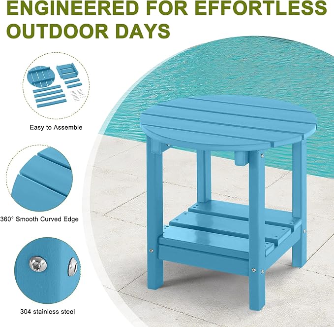 Adirondack Outdoor Side Tables, 2-Tier Round Outdoor Table, Weather Resistant HDPE Patio End Table for Garden, Lawn, Pool, Beach, Porch, Deck, Backyard - Turquoise