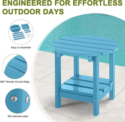 Adirondack Outdoor Side Tables, 2-Tier Round Outdoor Table, Weather Resistant HDPE Patio End Table for Garden, Lawn, Pool, Beach, Porch, Deck, Backyard - Turquoise