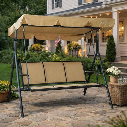 Kozyard 3-Person Outdoor Canopy Porch Swing Chair, Breathable Textilene Armrest Seat, Adjustable Shade, Heavy-Duty Powder-Coated Steel Frame Swing for Patio, Backyard, Poolside & Balcony, Beige