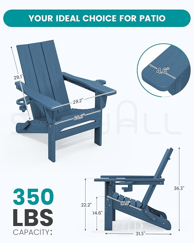 SERWALL Modern Folding Adirondack Chair, All Weather Resistant Outdoor Adirondack Chair with Dual Cup Holders - Photo 3