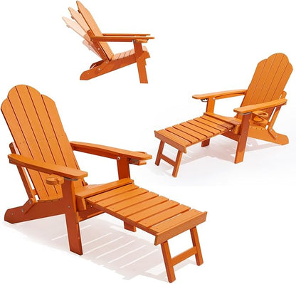 Ergonomic Adjustable Adirondack Chair with Ottoman Set of 2，Folding Adirondack Chair with 2 Cup Holder for Patio，Garden，Backyard，Fire Pit，Orange