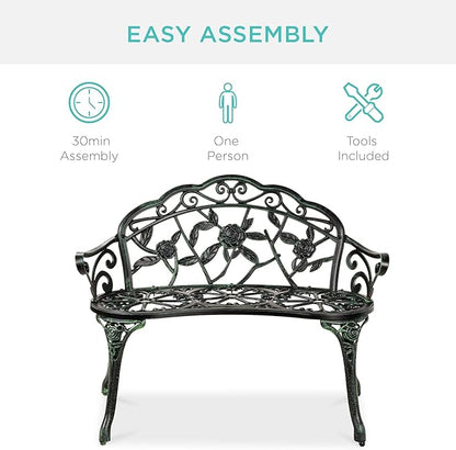Best Choice Products Outdoor Bench Steel Garden Patio Porch Loveseat Furniture for Lawn, Park, Deck Seating w/Floral Rose Accent, Antique Finish - Black/Green