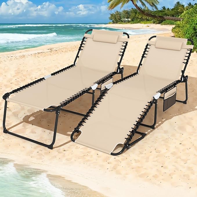 Goplus Extra Large Lounge Chair Outdoor, 27” Wide Folding 5-Position Tanning Chair with Detachable Pillow, Side Pocket, 16” High Chaise Lounger, 440LBS Capacity, Patio Lounge Chair for Yard Pool Yard