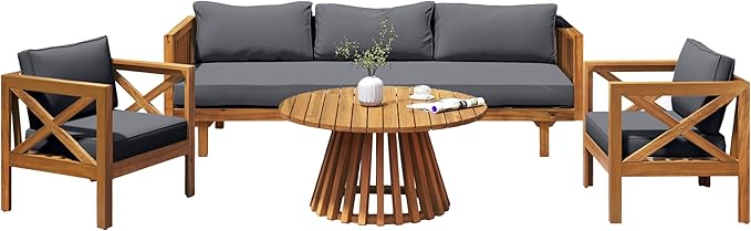 Merax Outdoor 4-Piece Acacia Wood Conversation Set - Patio 3-Seat Loveseat Sofa w/Coushion - Photo 4