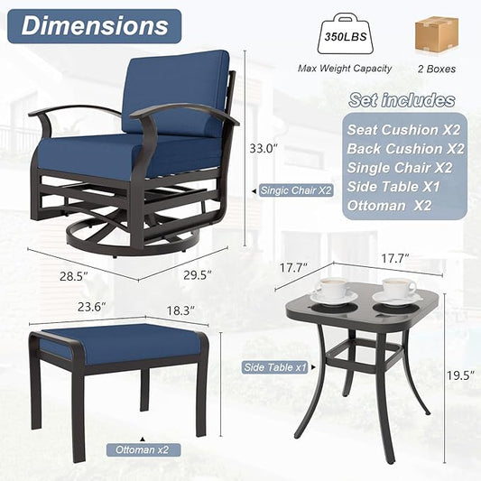 Kurapika 5 Pieces Patio Furniture Set, Outdoor Aluminum Swivel Gliders Rocker, Patio Bistro Set Rocking Chair with Thickened Cushions and Side Table(Navy Blue)