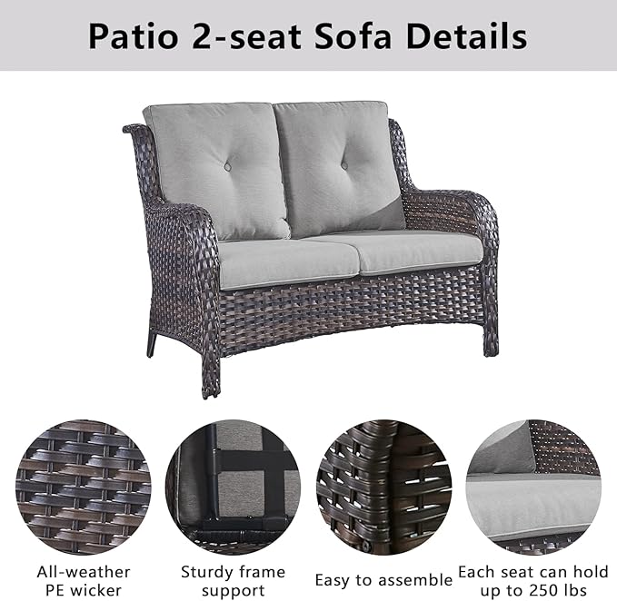 Belord 6 Pieces Patio Furniture Set Outdoor Wicker Furniture, 2 Patio Wicker Chairs with 1 Loveseat Sofa - Photo 3