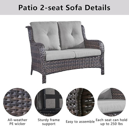 Belord 6 Pieces Patio Furniture Set Outdoor Wicker Furniture, 2 Patio Wicker Chairs with 1 Loveseat Sofa, Coffee Table and Ottomans, Patio Conversation Set for Porch Garden Deck Balcony Poolside