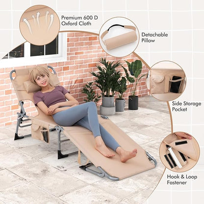 Goplus Tanning Chair, Folding Adjustable Patio Lounge Chair with Face Hole, Removable Pillow, 330LBS, Carry Strap, Outdoor Sunbathing Chair, Lightweight Portable Beach Lounge Chair, No Assembly
