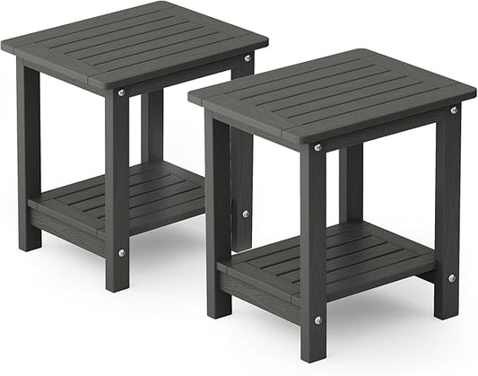 YEFU Outdoor Side Table for Patio: 16" HIPS Weather - Resistant Adirondack Tables Set of 2 - Small Square End Table for Backyard Living Room Bedroom - Indoor Outdoor Double Layer Table Dark Grey