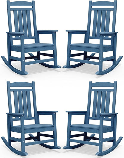 SERWALL Rocking Chairs Set of 4, HDPE Outdoor Rocking Chair, All-Weather Porch Rockers for Patio, Blue