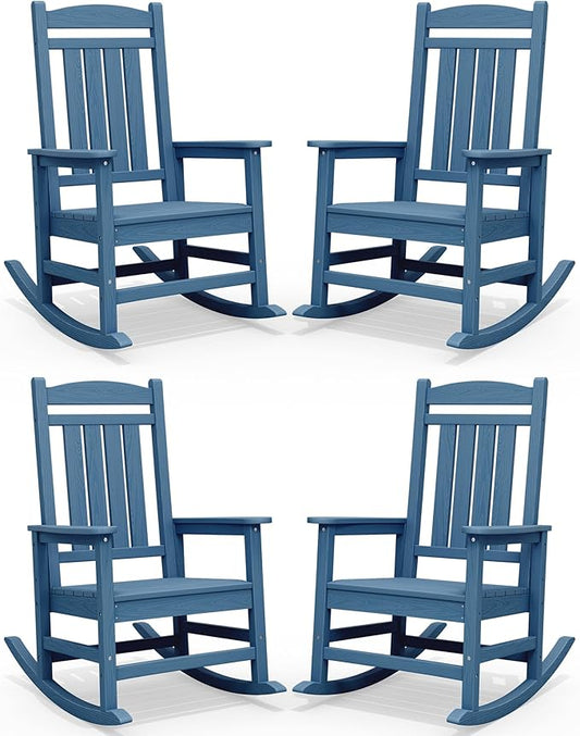 SERWALL Rocking Chairs Set of 4, HDPE Outdoor Rocking Chair, All-Weather Porch Rockers for Patio, Blue