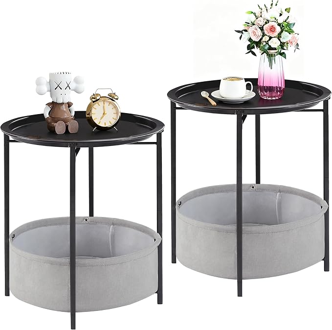 VECELO Round Side/End Table with Fabric Storage Basket，Metal Anti-Rust and Waterproof Small Bedside Nightstand with - Photo 1