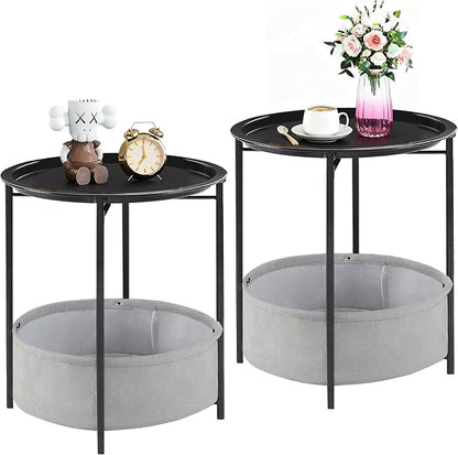 VECELO Round Side/End Table with Fabric Storage Basket，Metal Anti-Rust and Waterproof Small Bedside Nightstand with Removable Tray Top for Living Room，Balcony & Laundry，Black /2pcs with Basket