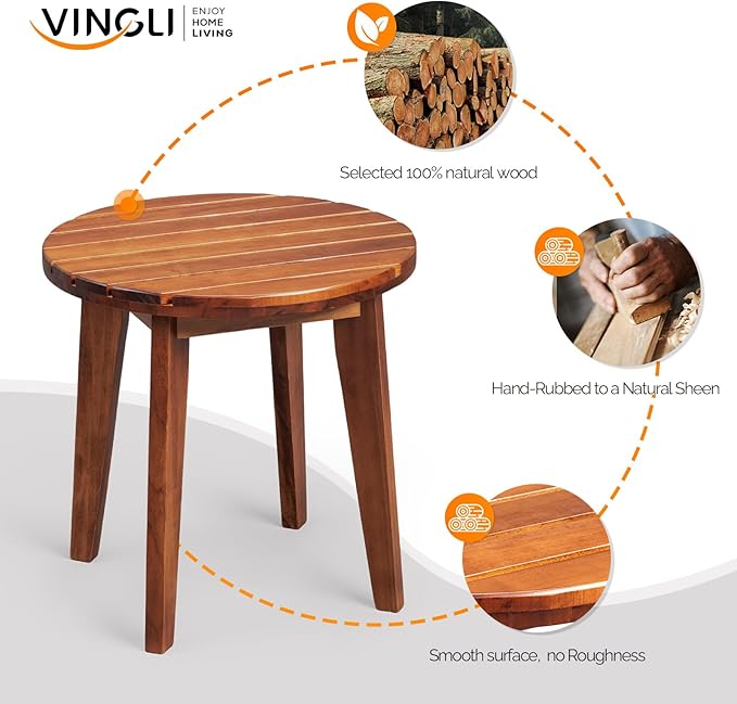 VINGLI Solid Wood Outdoor Side Table, Weather-Resistant Round Patio End Accent Table for Garden, Balcony, Porch, Natural