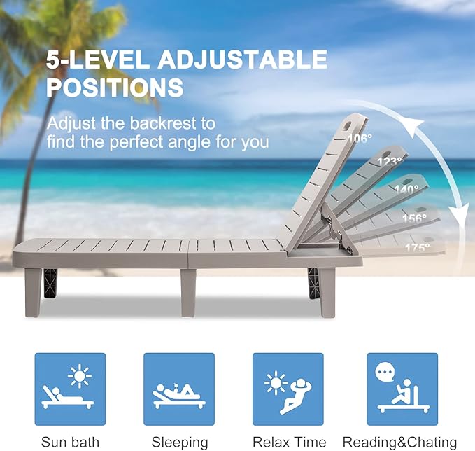 Outdoor Chaise Lounge Set of 2, Waterproof Pool Lounge Chairs for Outside w/5 Positions Recliner Chair for Patio, Poolside, Beach,All Weather Use, Grey
