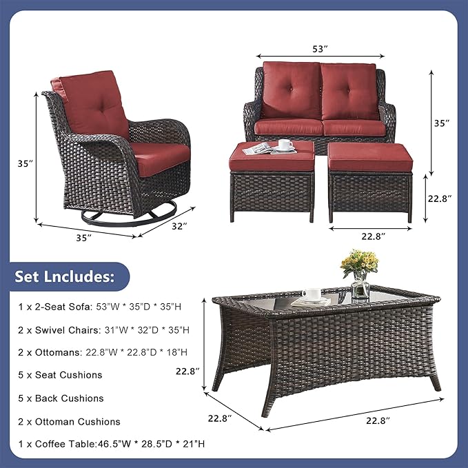 Rilyson Wicker Patio Furniture Set - 6 Piece Rattan Outdoor Sectional Conversation Sets with 2 Swivel Rocking Chairs - Photo 2