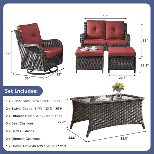 Rilyson Wicker Patio Furniture Set - 6 Piece Rattan Outdoor Sectional Conversation Sets with 2 Swivel Rocking Chairs,2 Ottomans,1 Loveseat and 1 Coffee Table for Porch Deck Garden(Brown/Red)