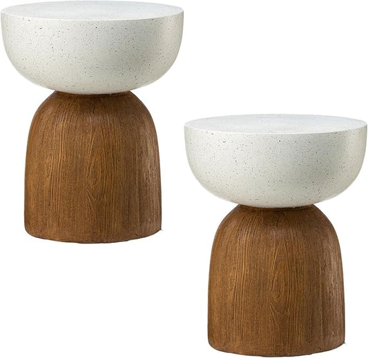 Glitzhome Outdoor Side Table Set of 2, 17.75" H Decorative Garden Stool MGO Geometric Wood Texture End Table, Round Planter Stand for Indoor Outdoor Living Room Bedroom Patio Deck Poolside