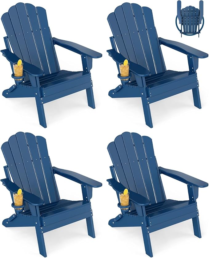 GREENVINES Oversized-Folding-Adirondack-Chairs-Set-of-4 | HDPE Plastic | Cup Holder | Fire Pit Chair | All Weather | for Outdoor Deck Backyard | Blue