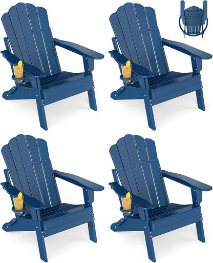 GREENVINES Oversized-Folding-Adirondack-Chairs-Set-of-4 | HDPE Plastic | Cup Holder | Fire Pit Chair | All Weather | for Outdoor Deck Backyard | Blue