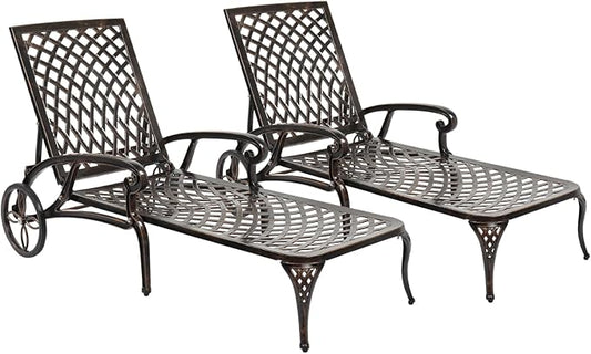 Outvita Outdoor Chaise Lounge Chairs Set of 2, Pool Cast Aluminum Recliner with 3-Position Adjustable Back, Armrest and Wheels for Backyard Porch Patio Balcony Deck