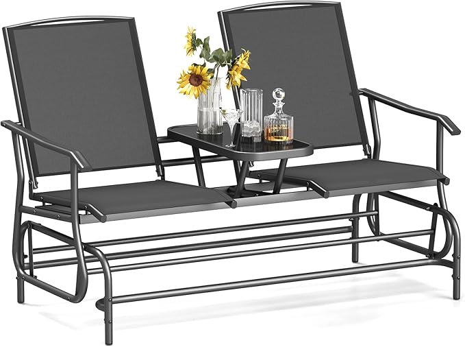 Tangkula 2 Person Swing Glider Chair, Patio Rocking Loveseat w/Center Tempered Glass Table, Outdoor Swing Bench w/Steel Frame & Breathable Mesh Fabric for Porch, Balcony, Poolside (Black)