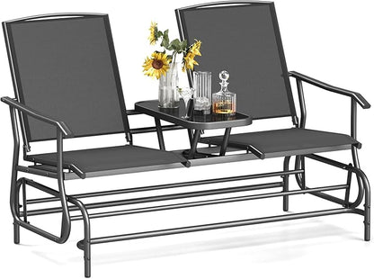 Tangkula 2 Person Swing Glider Chair, Patio Rocking Loveseat w/Center Tempered Glass Table, Outdoor Swing Bench w/Steel Frame & Breathable Mesh Fabric for Porch, Balcony, Poolside (Black)