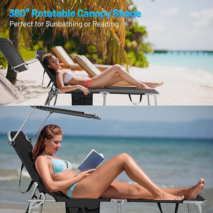 Giantex Outdoor Folding Chaise Lounge, Portable Tanning Chair with 5 Adjustable Positions, 360° Canopy Shade - Photo 4