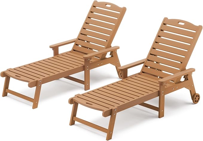 LUE BONA HDPS Chaise Lounge Chair Set of 2, Outdoor Pool Lounge Chairs with Adjustable Backrest, Resin Patio Lounge Chairs with Wheels for Outside, Teak Color