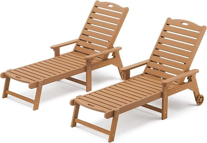 LUE BONA HDPS Chaise Lounge Chair Set of 2, Outdoor Pool Lounge Chairs with Adjustable Backrest, Resin Patio Lounge Chairs with Wheels for Outside, Teak Color