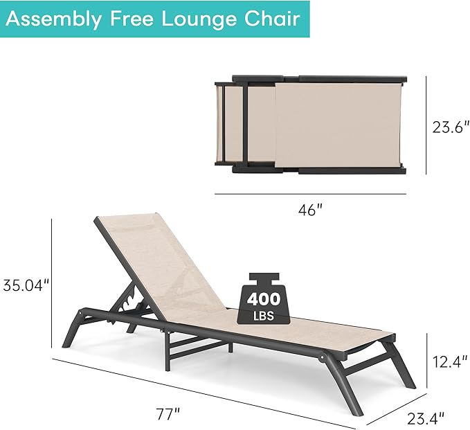 Outdoor Chaise Lounge Chairs Set of 2, No Assembly Required, 5-Position Adjustable Backrest, Foldable Lightweight Patio Lounge for Poolside, Deck, Lawn & Beach, Khaki