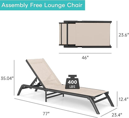 Outdoor Chaise Lounge Chairs Set of 2, No Assembly Required, 5-Position Adjustable Backrest, Foldable Lightweight Patio Lounge for Poolside, Deck, Lawn & Beach, Khaki