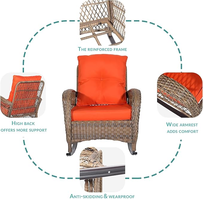 MEETWARM Outdoor Wicker Rocking Chairs Set of 2, Rattan Patio Rocker Chairs with Thick Cushions and High Back, All-Weather Patio Wicker Chair with Safe Rocking Design for Garden, Brown/Orange