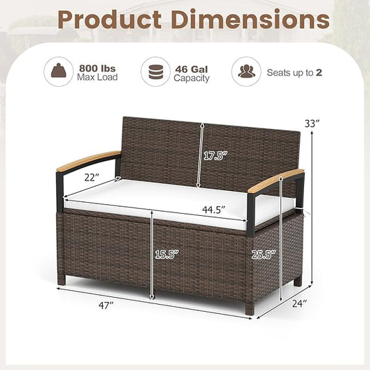 RELAX4LIFE Wicker Outdoor Storage Bench - Rattan Deck Box w/Protective Liner for Patio Furniture Pillows, Pool Supplies & Garden Tools, Porch Loveseat with Seat Cushion, Acacia Wood Armrests