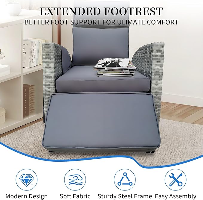 Wicker Outdoor Recliner | Outdoor Recliner Chair | Patio Reclining Chair with 4" Thick Cushion, Adjustable Backrest & Footrest, Flip-up Table & Side Pocket For Patio, Outdoor & Indoor (Gray&Gray)