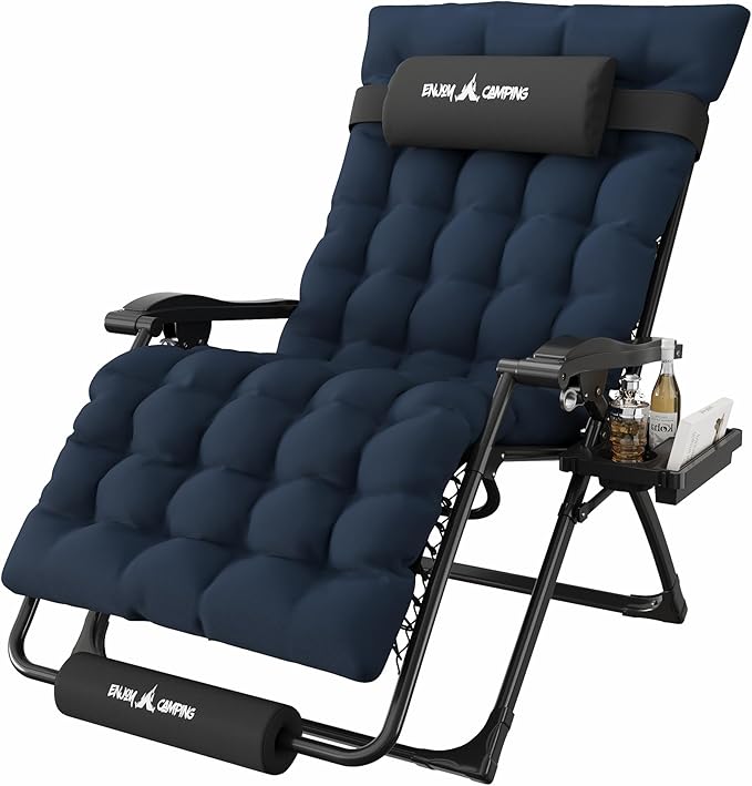 Amopatio Oversized Zero Gravity Padded Chair w/Removable Cushion&Headrest, XXL 33In Reclining Camping Lounge Chair Upgraded Lock and Footrest, Folding Patio Recliner for Indoor Outdoor, Navy
