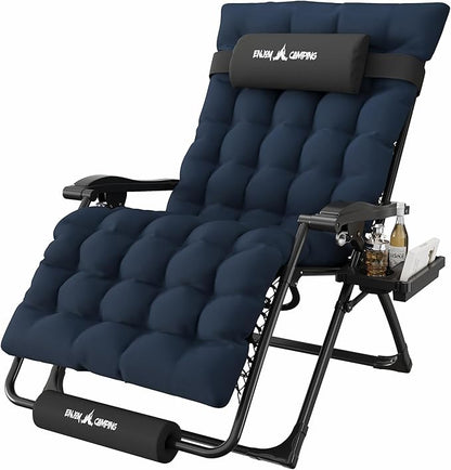 Amopatio Oversized Zero Gravity Padded Chair w/Removable Cushion&Headrest, XXL 33In Reclining Camping Lounge Chair Upgraded Lock and Footrest, Folding Patio Recliner for Indoor Outdoor, Navy
