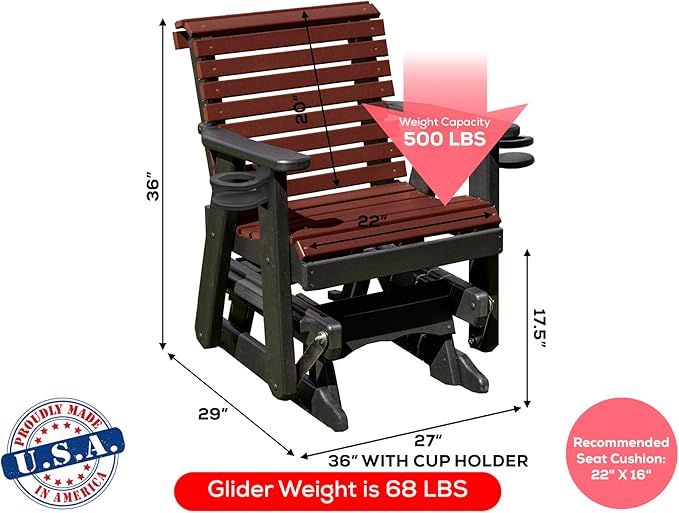 Amish Craftsmanship Made in USA 2FT Heavy Duty Poly Lumber Wood Porch Patio Glider HDPE with No wood fibers Lancaster Series Rollback design 500 lbs Limit With Cupholders Cherry on Black