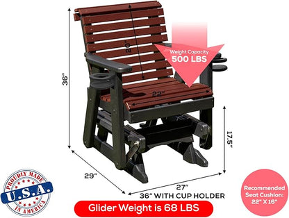 Amish Craftsmanship Made in USA 2FT Heavy Duty Poly Lumber Wood Porch Patio Glider HDPE with No wood fibers Lancaster Series Rollback design 500 lbs Limit With Cupholders Cherry on Black