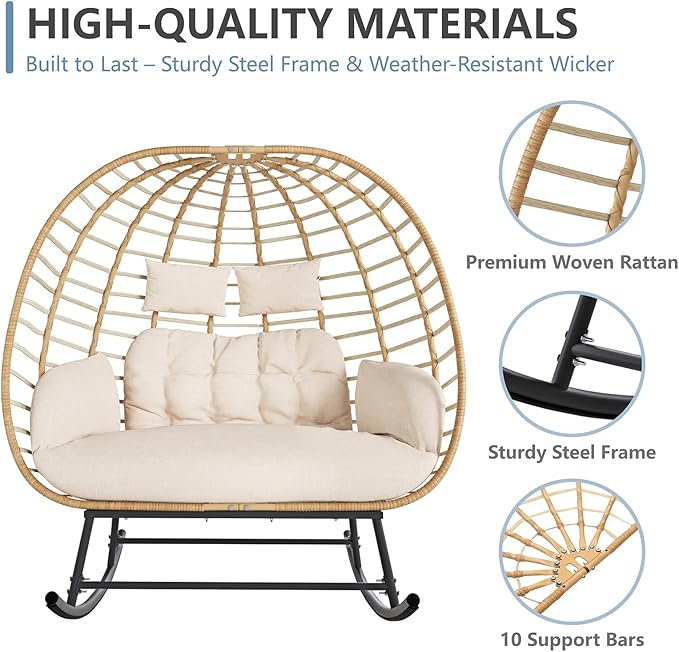 SWITTE Double Wicker Egg Rocking Chair Outdoor, Indoor Egg Swing Loveseat with Thick Cushions - Photo 6