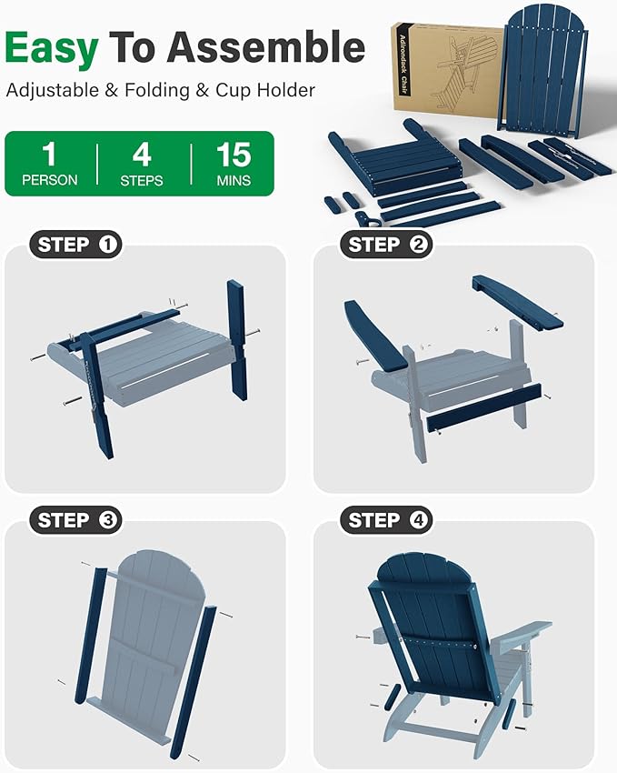 YEFU Adirondack Chairs Set of 6 for Patio: Folding Plastic Fire Pit Chair with Cup Holders & Adjustable Backrest - Sturdy All-Weather HDPE for Outdoor Pool Lawn - Easy Assembly(Navy Blue)