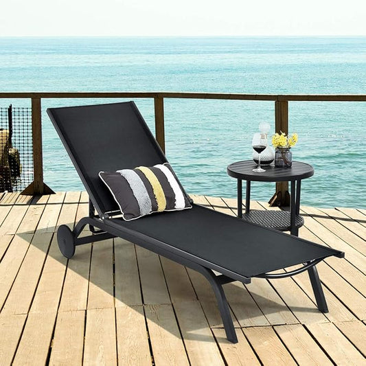 Tangkula Outdoor Aluminum Chaise Lounge, Patio Lounge Recliner Chair w/6 Adjustable Backrest, Reclining Chaise Chair with Wheels for Beach, Yard, Balcony, Poolside (1, Black)