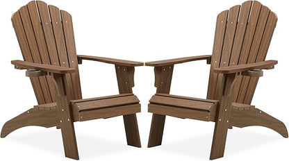 Psilvam Oversized Adirondack Chair, Fade-Resistant & Odor-Free Poly Lumber Fire Pit Chairs with Cup Holder, Weatherproof Lawn Chair, Installs in 15 Min Patio Chair, 350 Lbs Support (2, Light Brown)