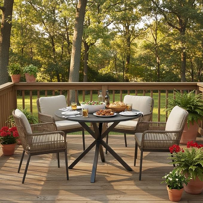 Tangkula 34-Inch Metal Round Patio Dining Table for 4, Heavy Duty Outdoor Metal Frame Dinner Table with Wood-Like Top & X-Shaped Legs, Outside Bistro Table for Deck, Balcony, Backyard, Lawn & Garden