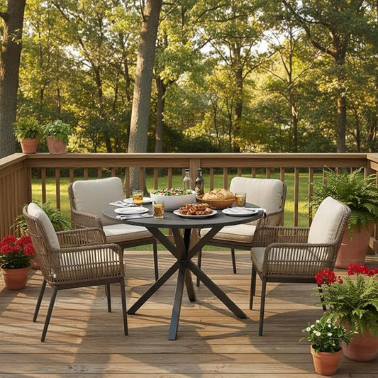 Tangkula 34-Inch Metal Round Patio Dining Table for 4, Heavy Duty Outdoor Metal Frame Dinner Table with Wood-Like Top & X-Shaped Legs, Outside Bistro Table for Deck, Balcony, Backyard, Lawn & Garden