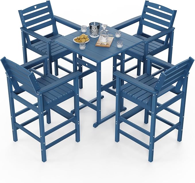 5-Piece Bar Height Outdoor Table and Chairs Set, HDPE Wood Grain Patio Bar Table and Chairs with Heart Cutout Design - Photo 8
