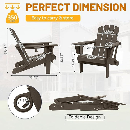 GOWE Adirondack Chairs Set of 2, Plastic Adirondack Chair, Adirondack Chairs, HDPE Adirondack Chair, Folding Adirondack Chairs, Outdoor Chairs with Cup Holder for Lawn Patio Deck Fire Pit -Brown