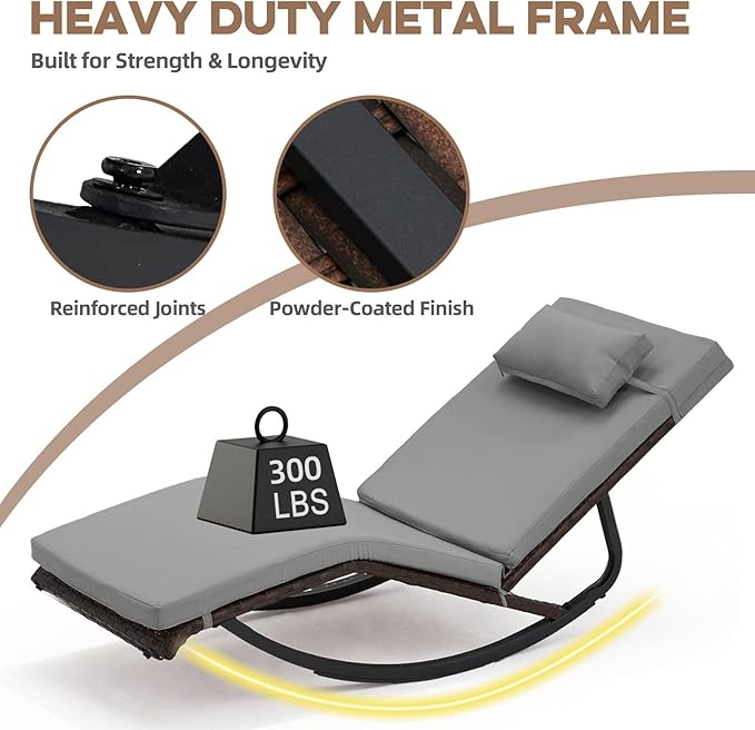 Outdoor Lounge Chair Set of 3, Patio Chaise Lounger with Folding Table and Adjustable Headrest, Easy 4-Step Assembly, All-Weather PE Rattan & Steel Frame for Pool, Patio, Porch, Backyard(Gray)
