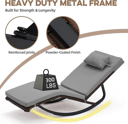 Outdoor Lounge Chair Set of 3, Patio Chaise Lounger with Folding Table and Adjustable Headrest, Easy 4-Step Assembly, All-Weather PE Rattan & Steel Frame for Pool, Patio, Porch, Backyard(Gray)