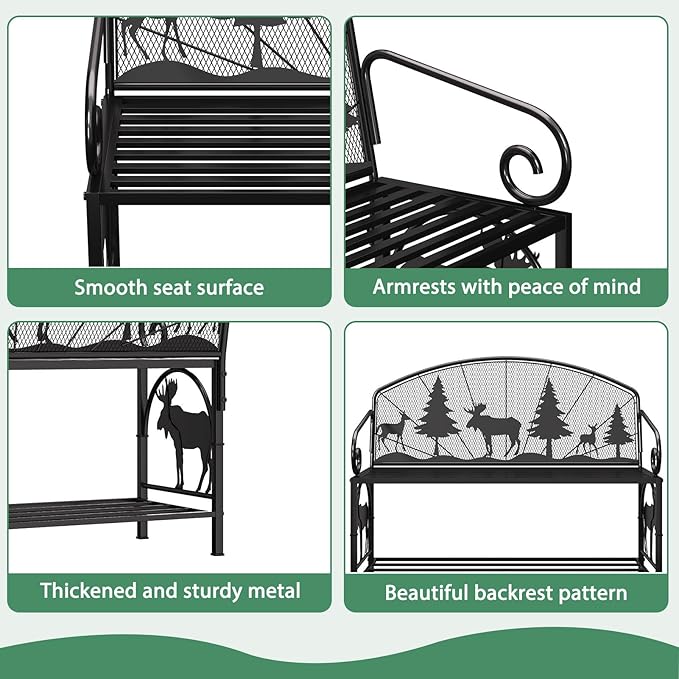 HavenlyYouth Outdoor Bench, Garden Bench with Backrest and Armrests, Patio Bench with Forest Series Pattern, Anti- Rust Thickened Metal Bench Outdoor for Garden, Yard, Patio, Porch, Lawn and Park